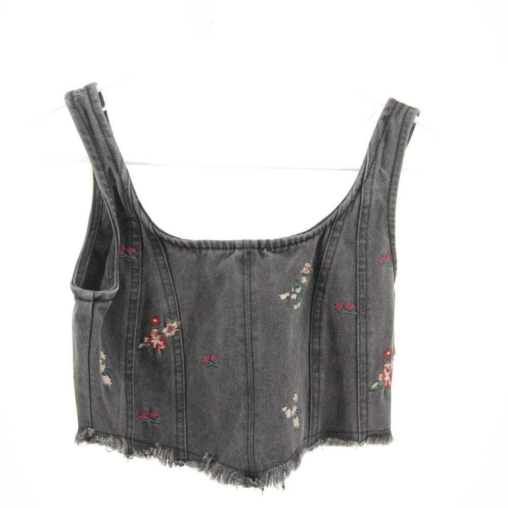 Banjara‎ Women's Gray Floral Embroidered Denim Corset Crop Top Size Small
